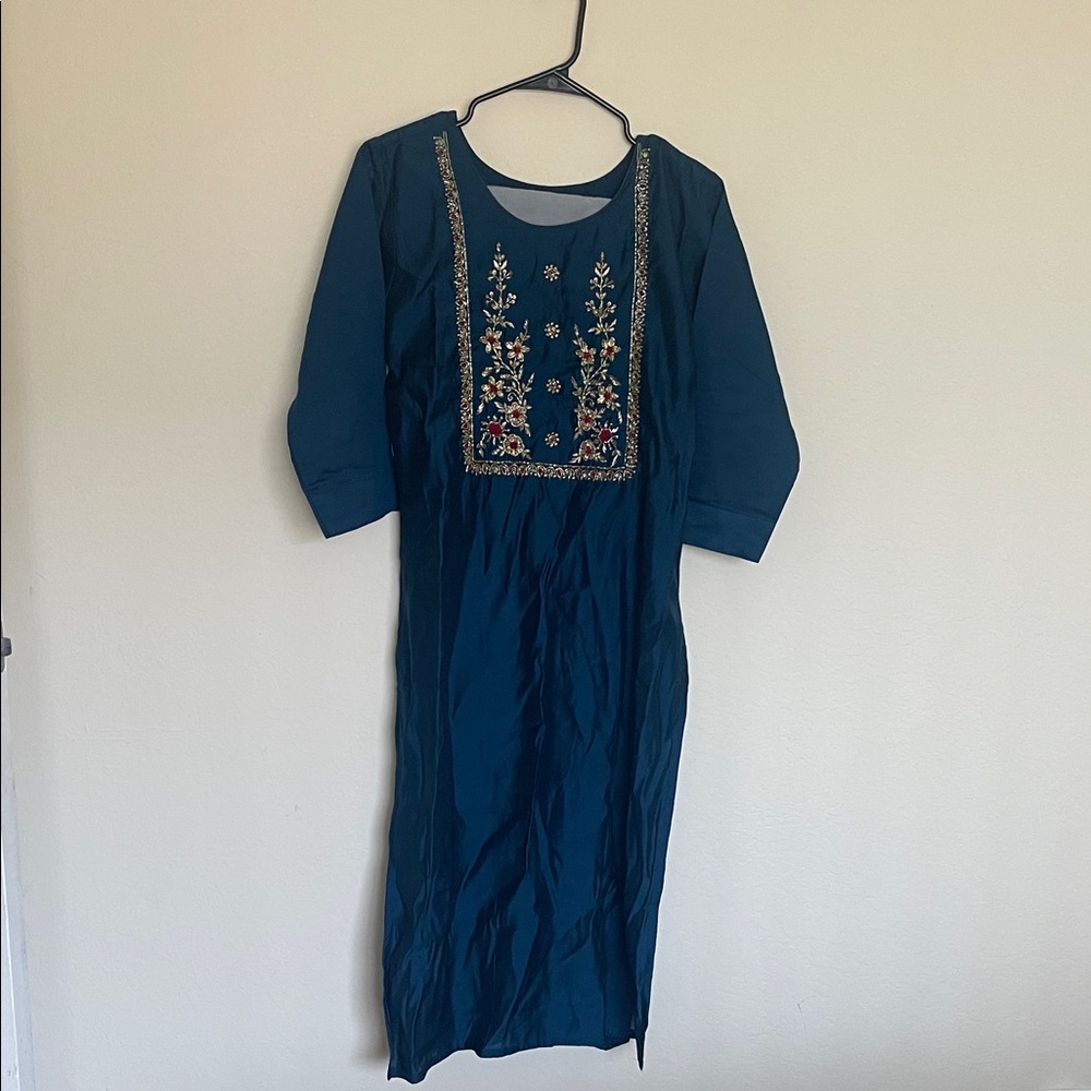 Teal Embroidered kurtha set Dress